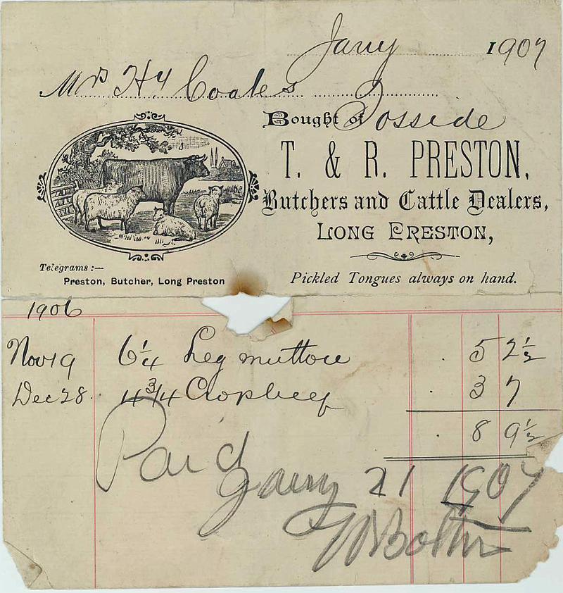 Meat bill 1907.jpg - Meat Bill to Mrs Coates of Tosside from T & R Preston - Butcher & Cattle Dealer of Long Preston - Jan 1907
